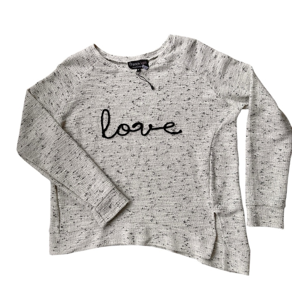French Kyss Love Graphic Sweater Womens Medium Cream Black Speckled Excellent